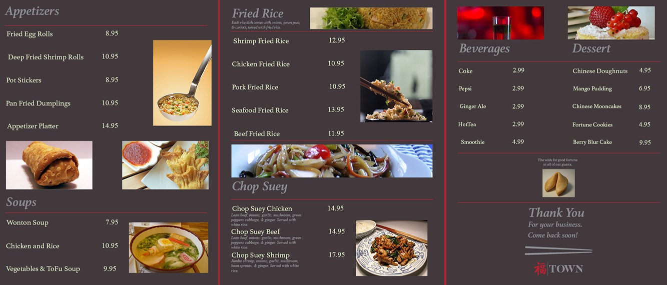 town menu appetizers soups fried rice chop suey beverages desserts
